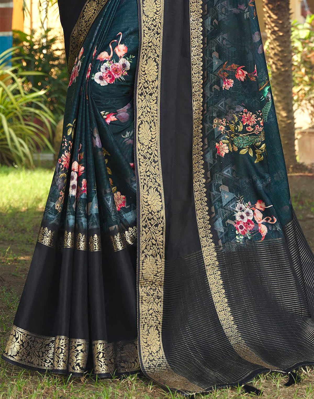 Peacock Blue Novelty Pattern Dola Silk Saree