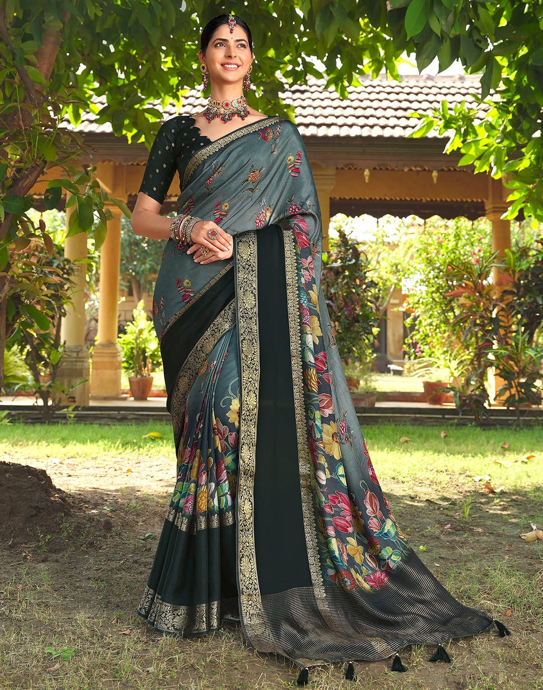 Soft Dola Silk Kalamkari Print Light Blue Saree