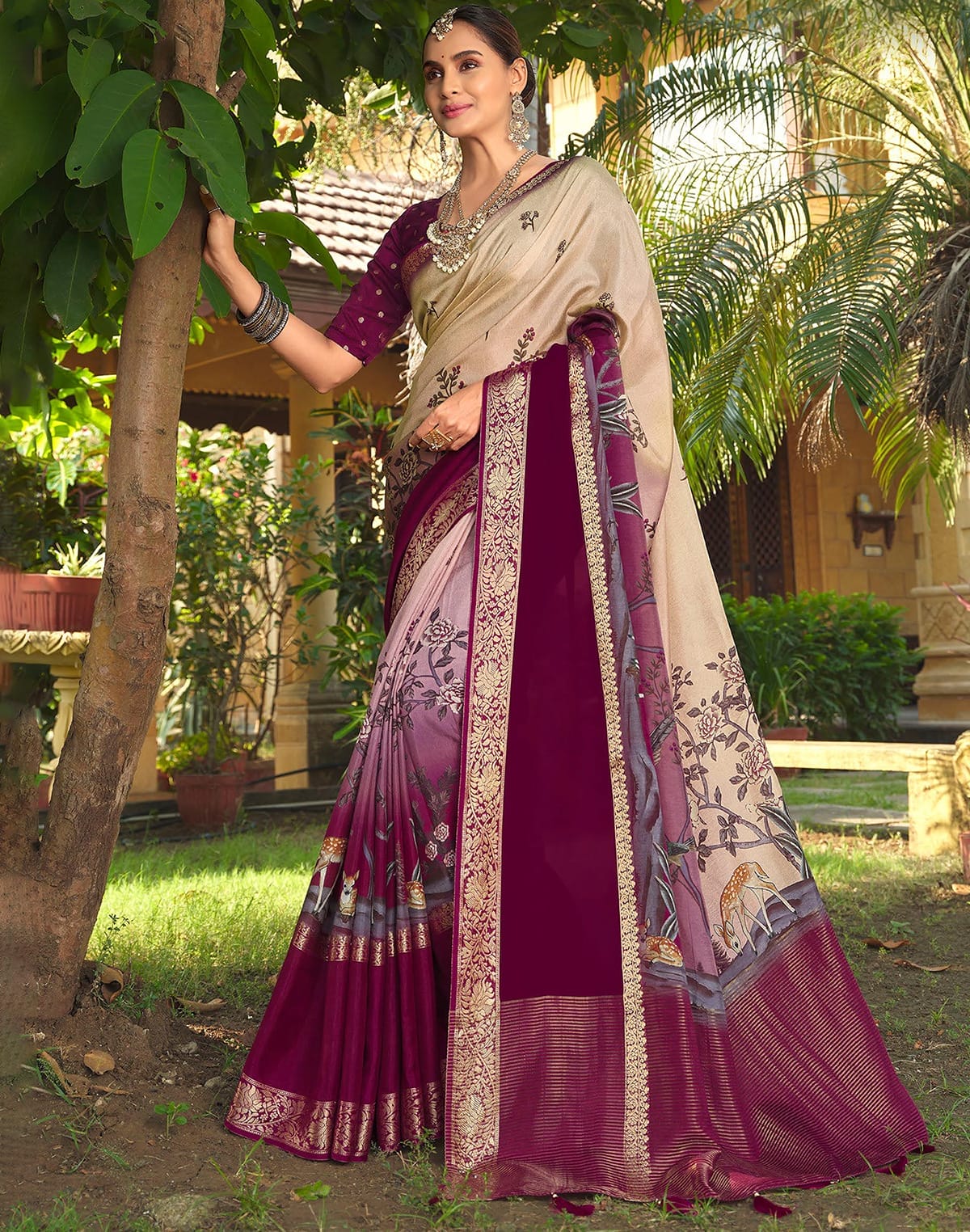 Elegant Beige Colour Floral Print Dola Silk Saree with Contrast blouse