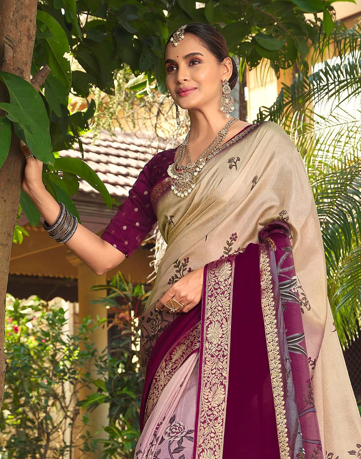 Elegant Beige Colour Floral Print Dola Silk Saree with Contrast blouse