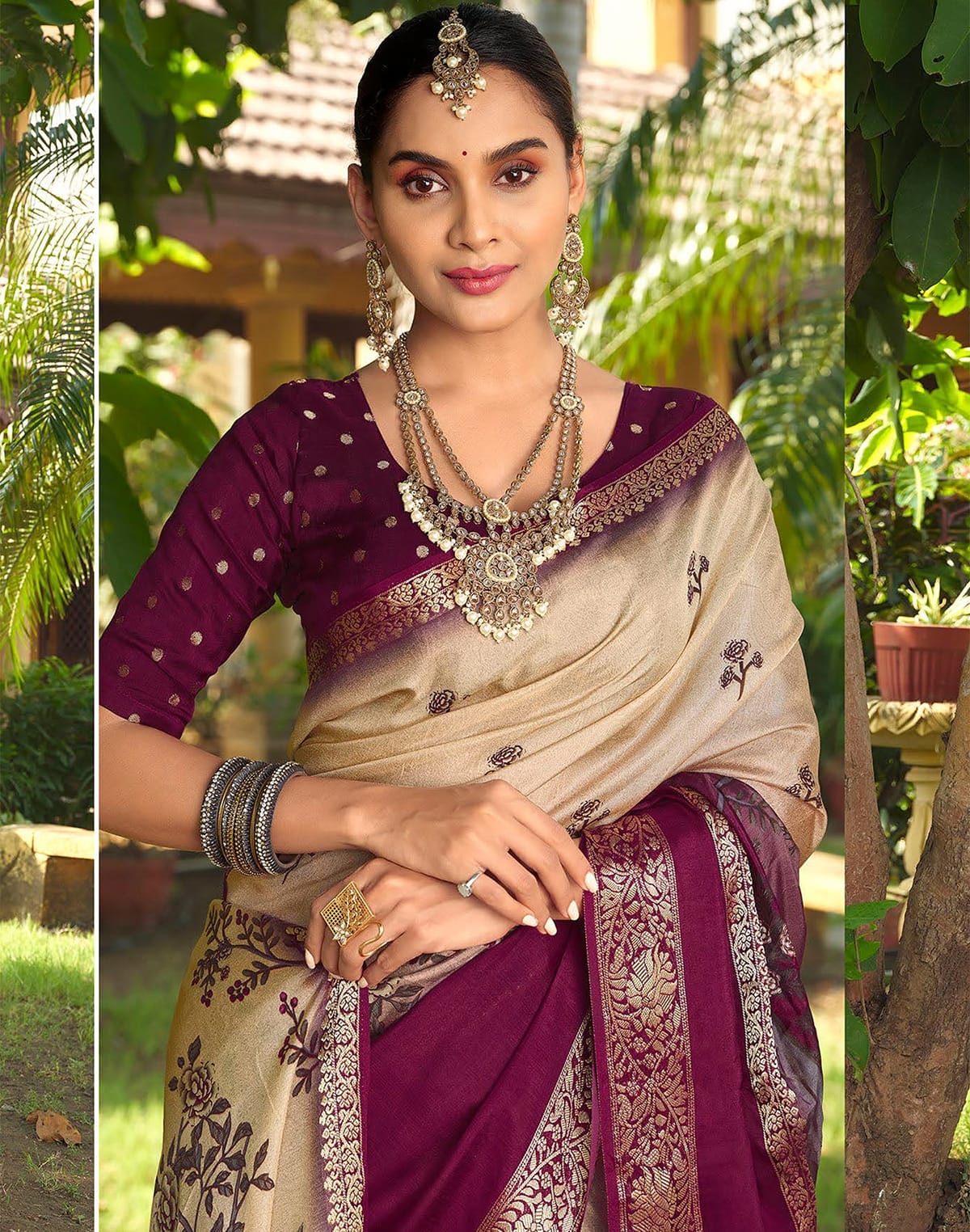 Elegant Beige Colour Floral Print Dola Silk Saree with Contrast blouse