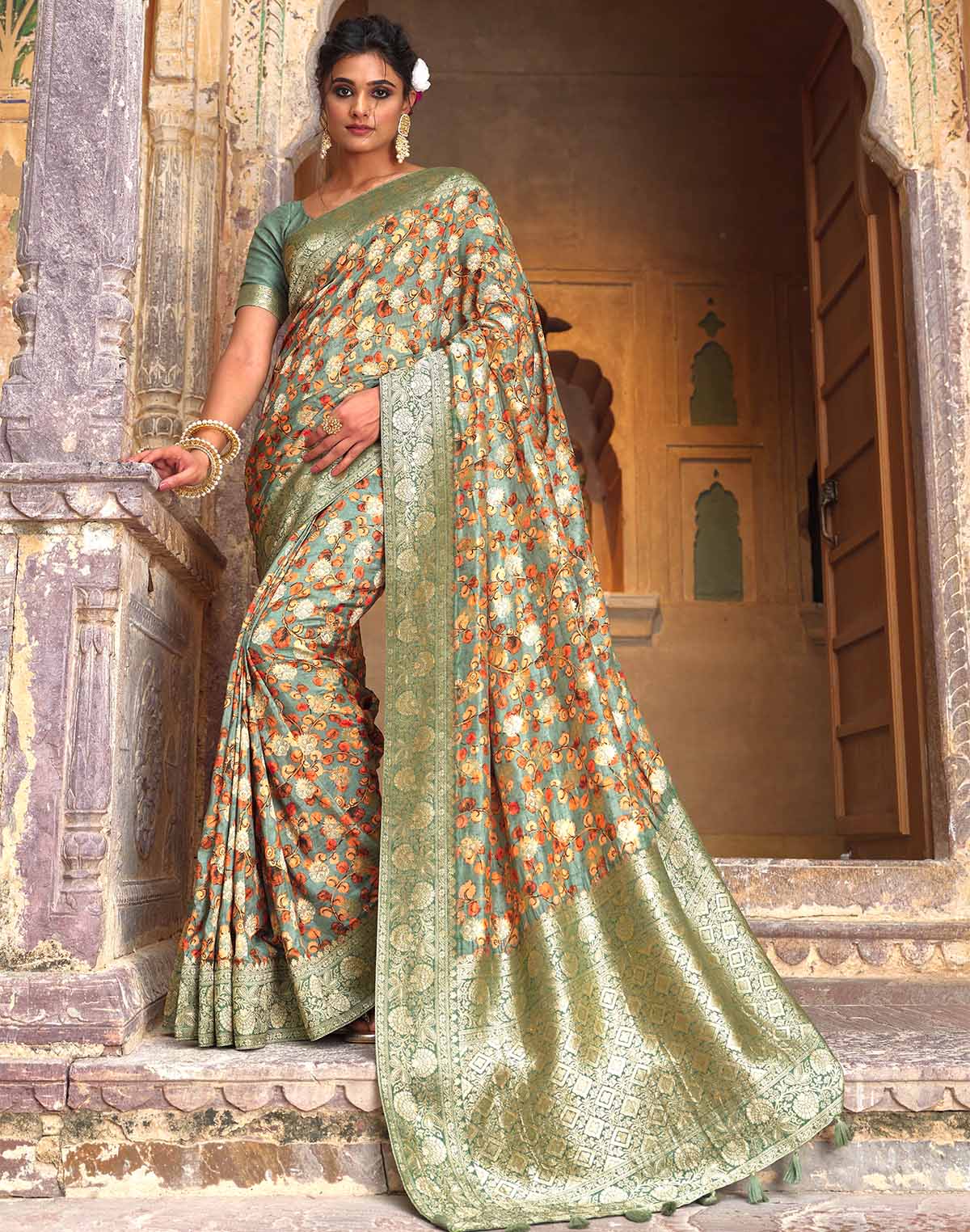 Light Green Dola Silk all over Woven Zari and Floral Print Saree