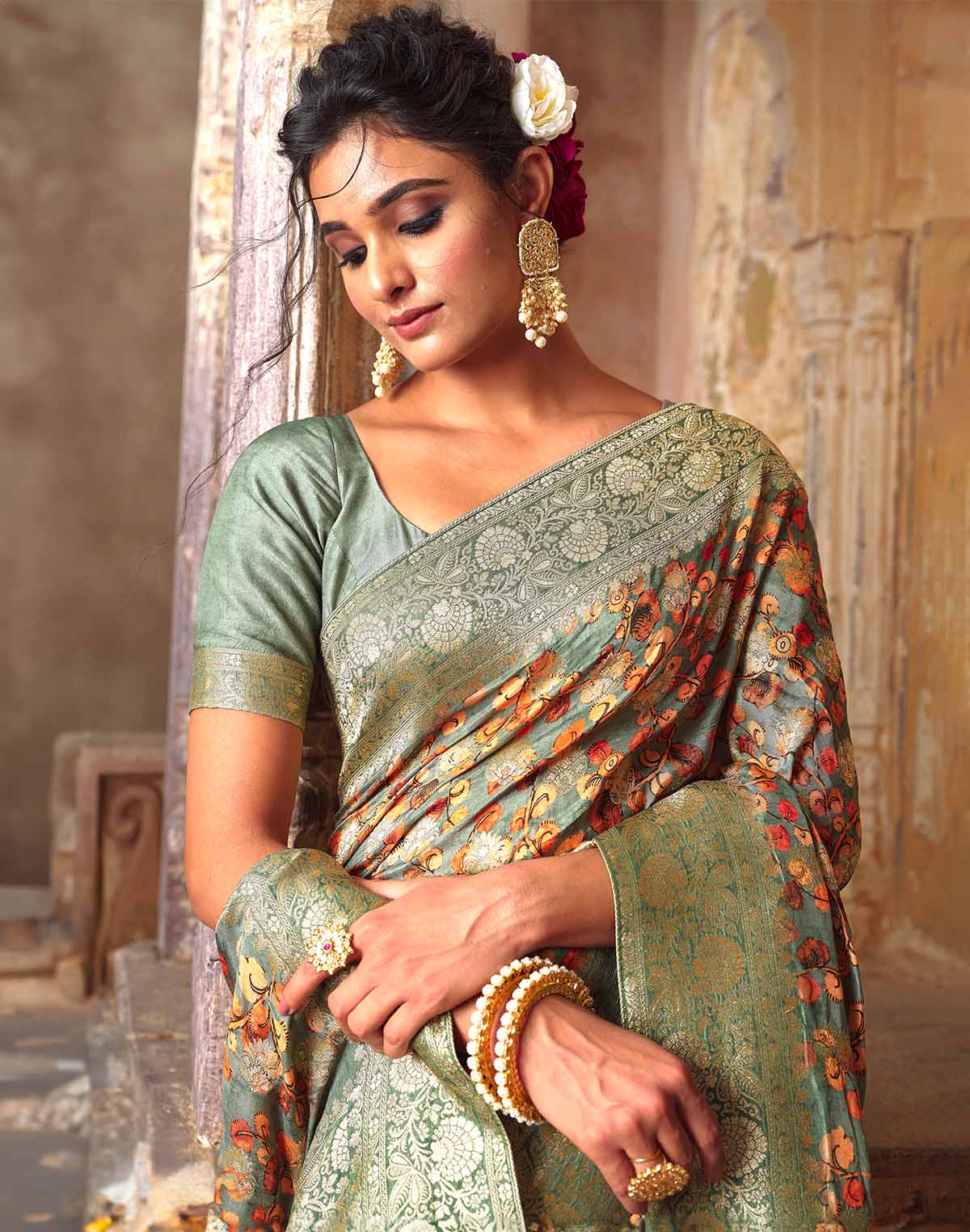 Light Green Dola Silk all over Woven Zari and Floral Print Saree