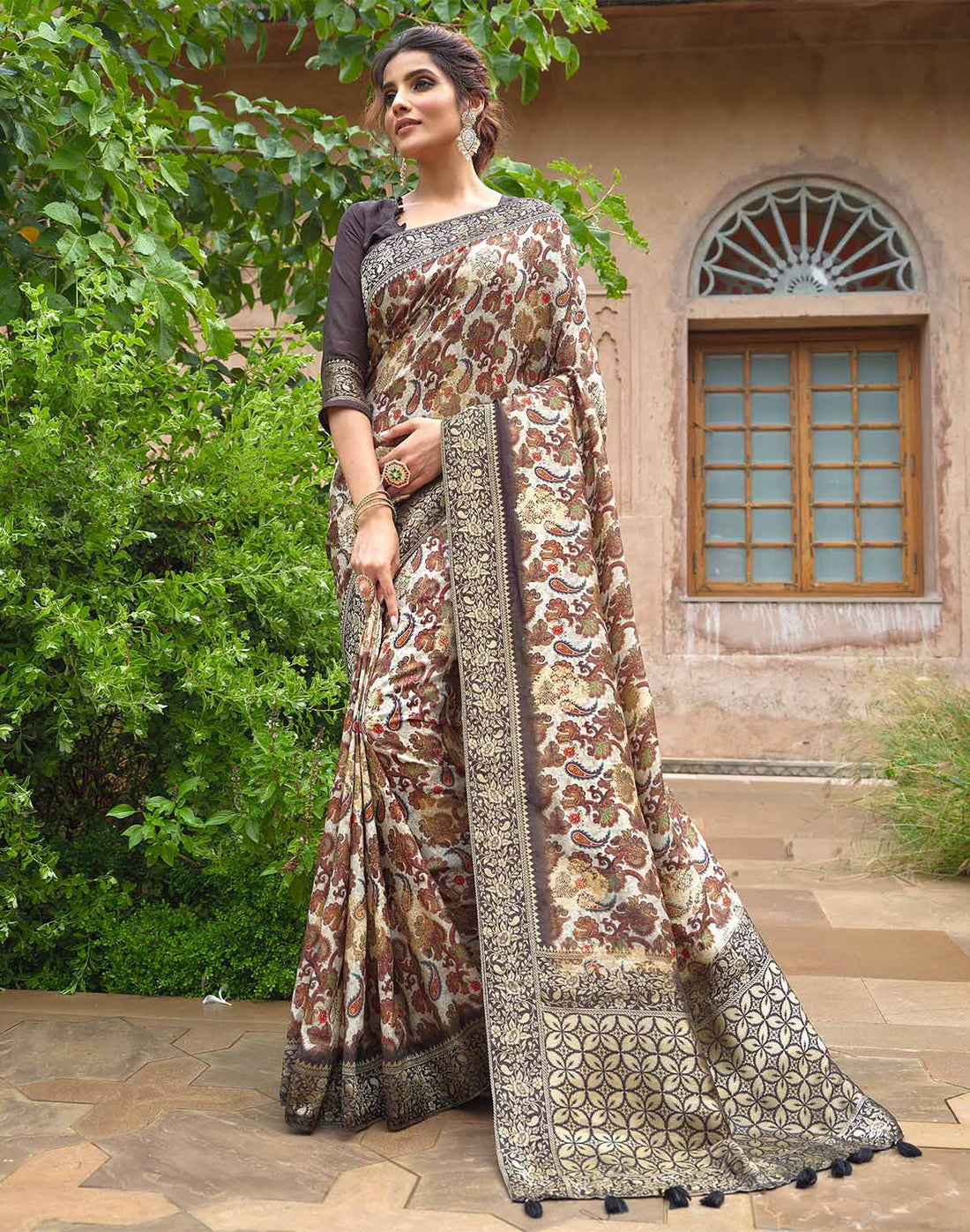 Beautiful Beige all over Paisely and Floral Print Dola Silk Saree