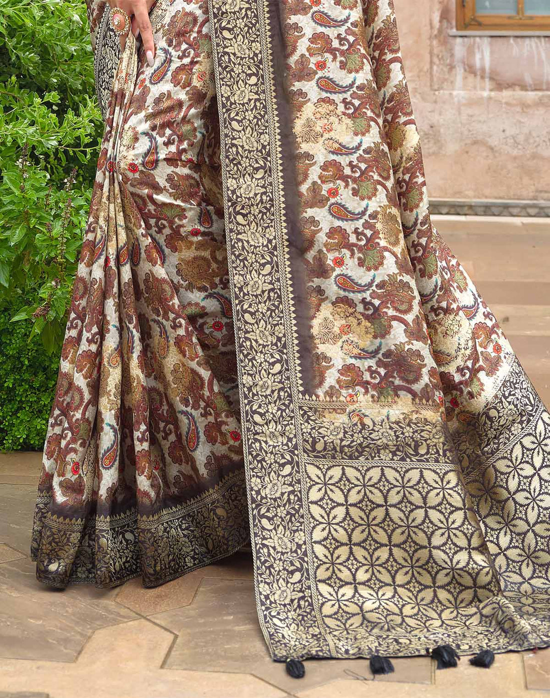 Beautiful Beige all over Paisely and Floral Print Dola Silk Saree