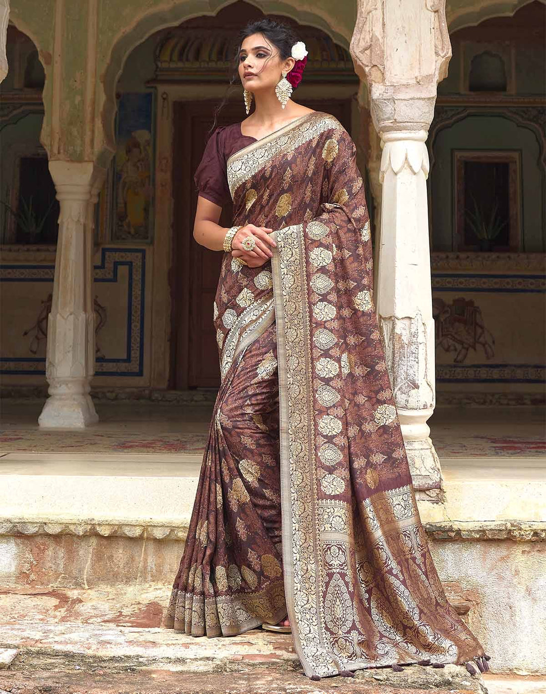 Coffee Brown Elegant Dola Silk Floral Print Saree