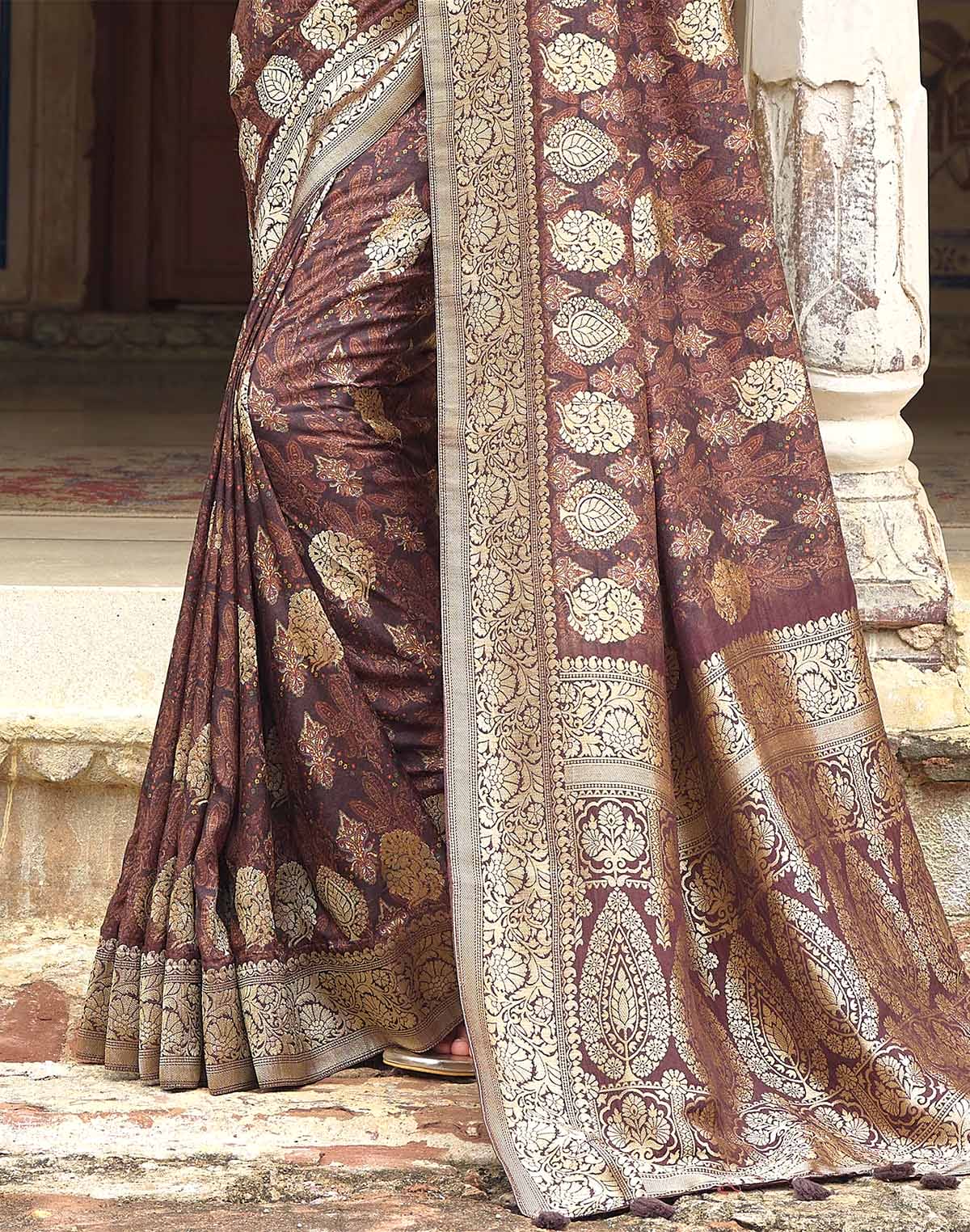 Coffee Brown Elegant Dola Silk Floral Print Saree