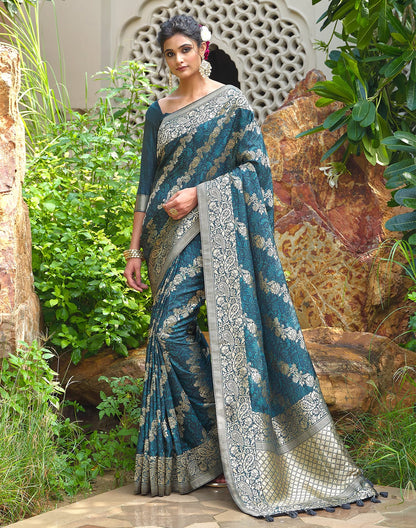 Peacock Blue Floral Dola Silk Designer Saree