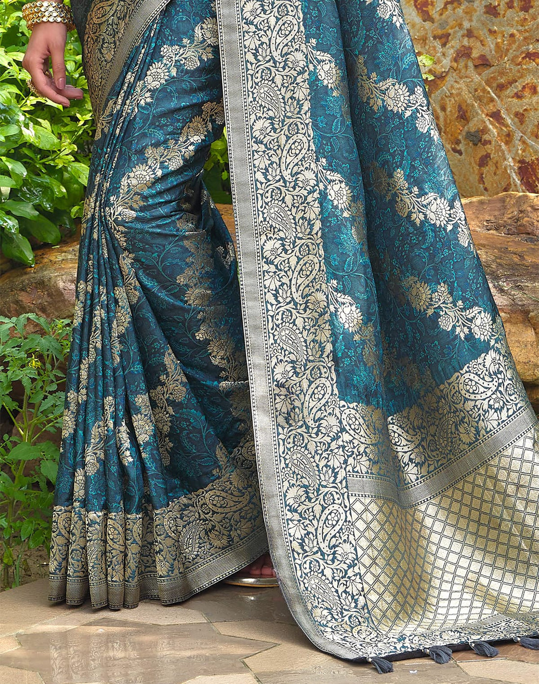 Peacock Blue Floral Dola Silk Designer Saree