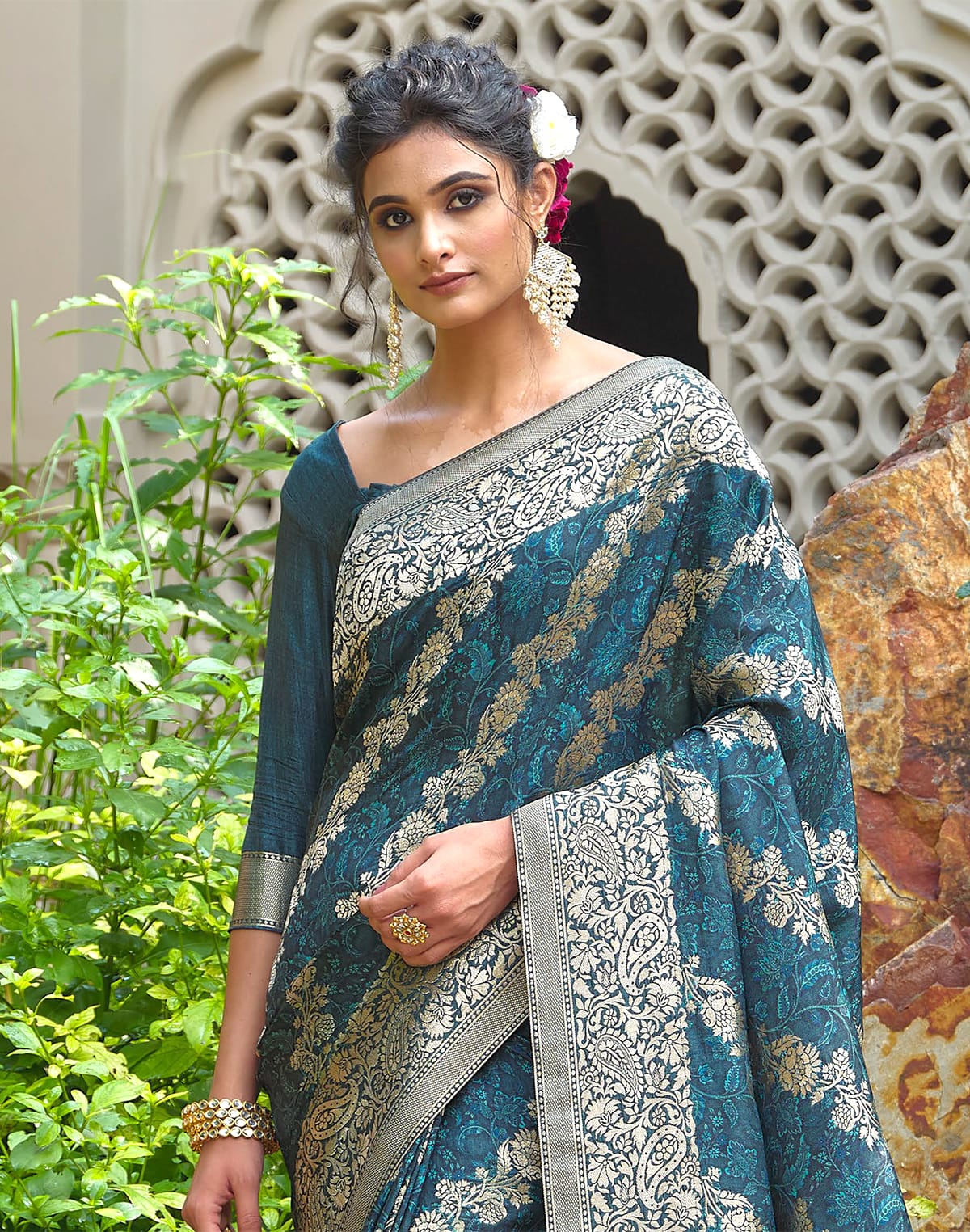 Peacock Blue Floral Dola Silk Designer Saree