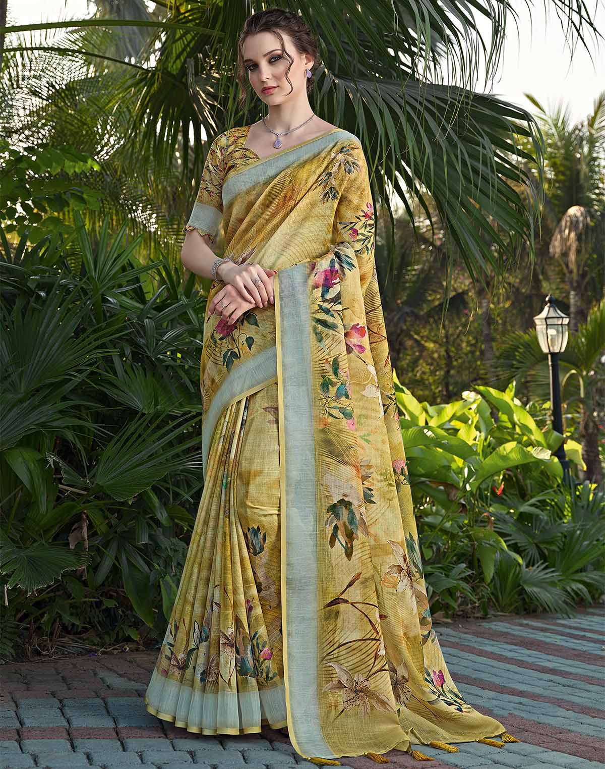 Floral Digital Print Linen Cotton Saree