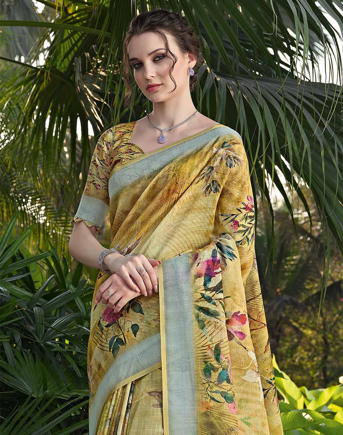 Floral Digital Print Linen Cotton Saree