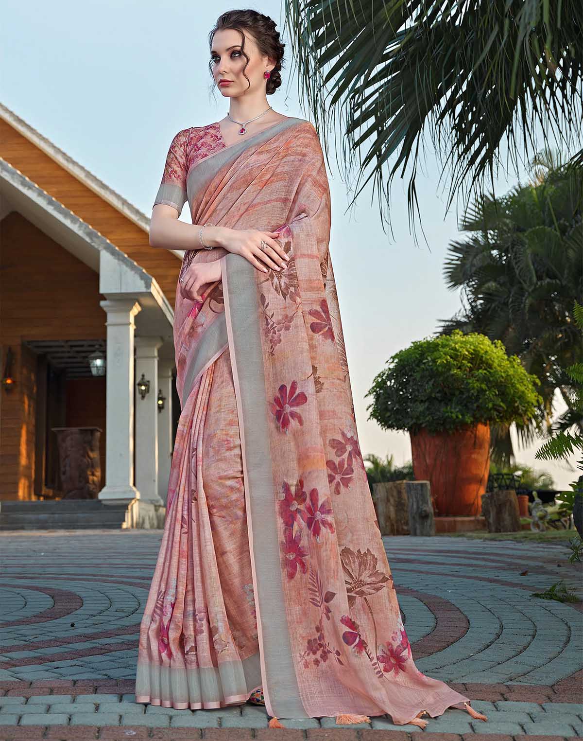 Designer Orange Floral Linen Cotton Saree