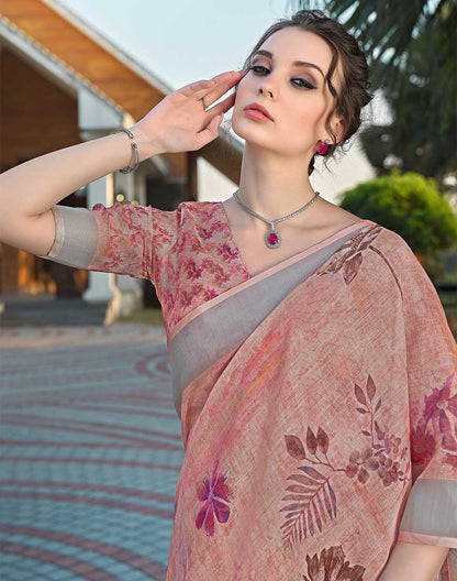 Designer Orange Floral Linen Cotton Saree