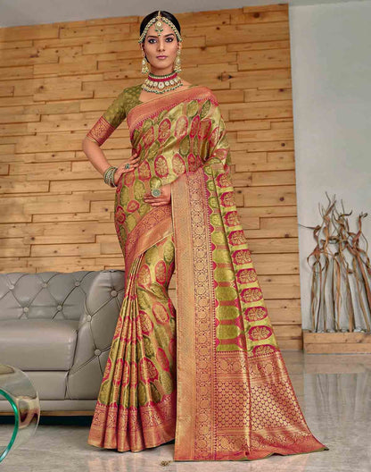 Mehendi Green Botanical Meena work Padiya Banaras Tissue Saree