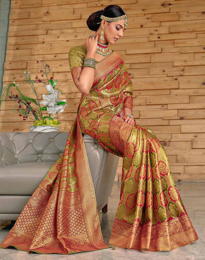 Mehendi Green Botanical Meena work Padiya Banaras Tissue Saree