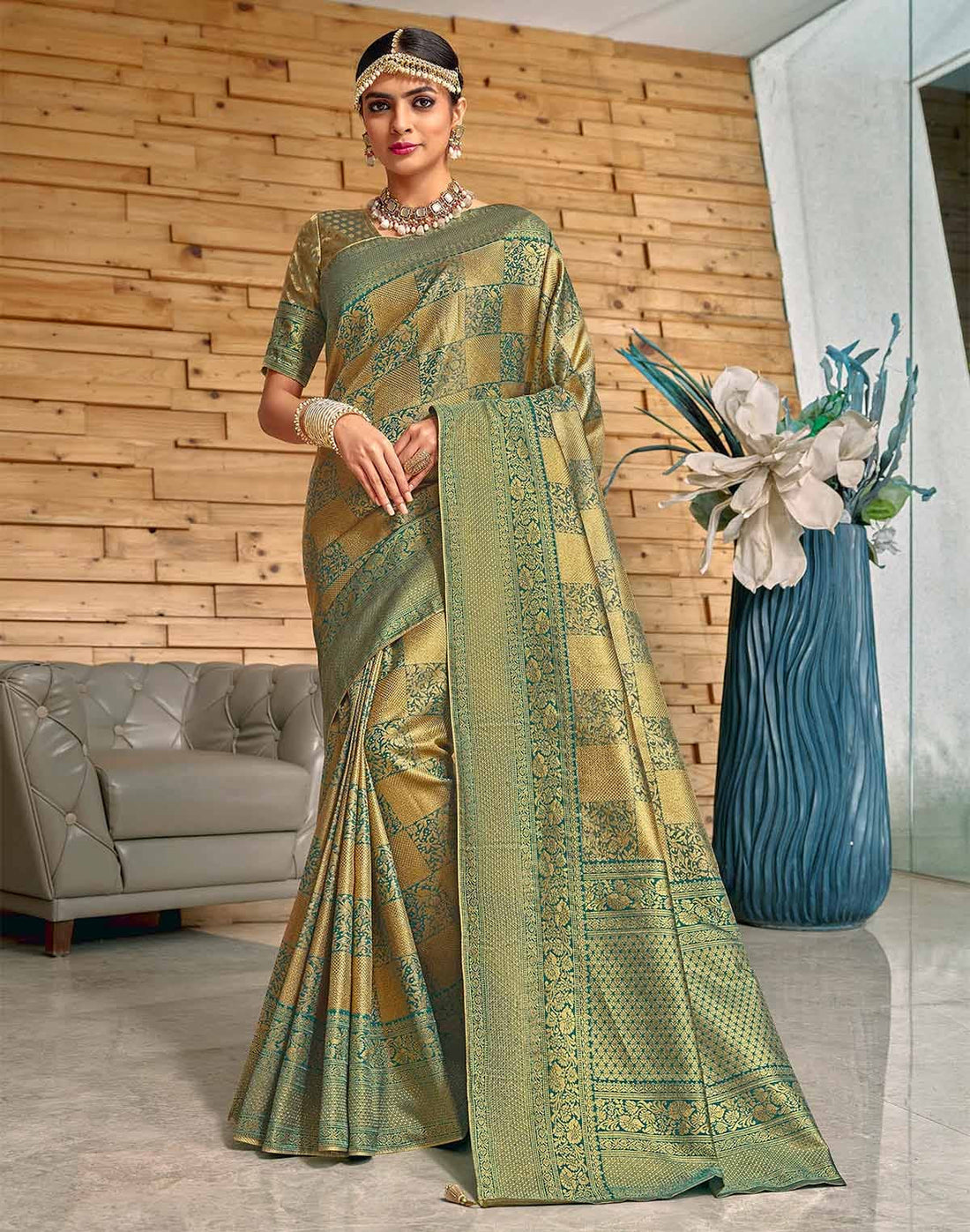 Light Green Meena work Padiya Banaras Tissue Saree