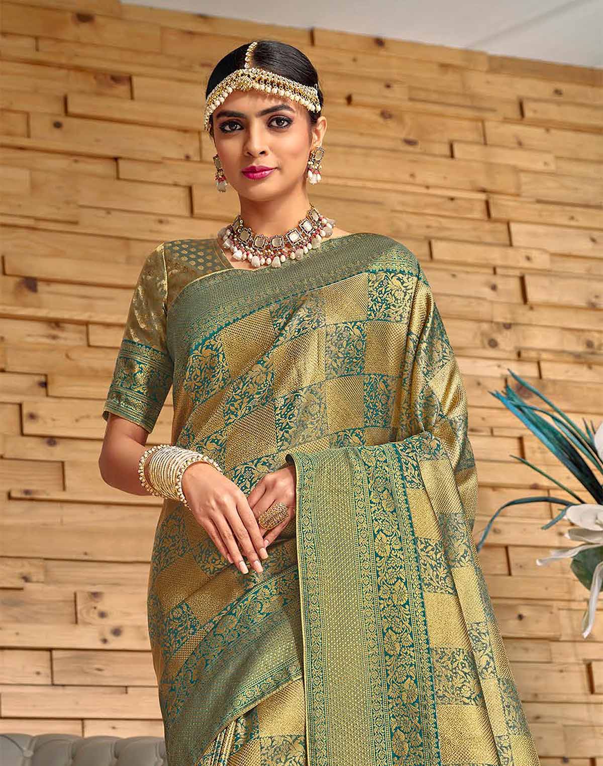 Light Green Meena work Padiya Banaras Tissue Saree