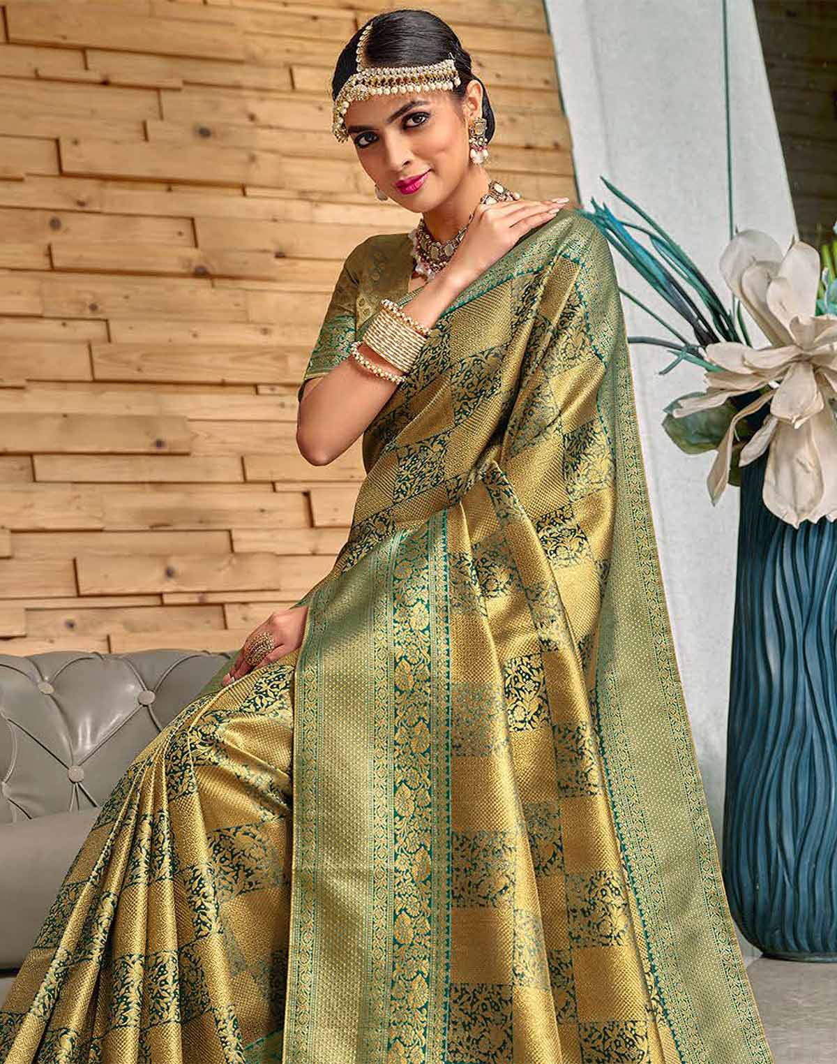 Light Green Meena work Padiya Banaras Tissue Saree