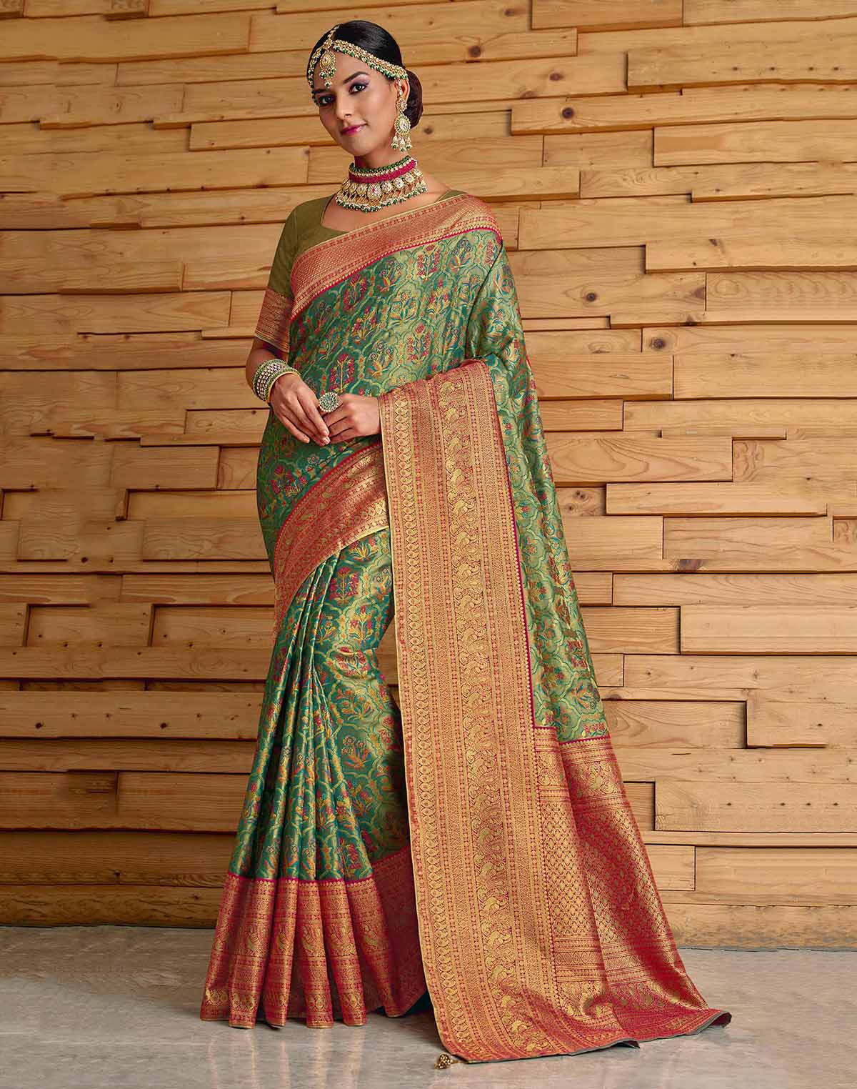 Green Floral Meena work Padiya Banaras Tissue Saree