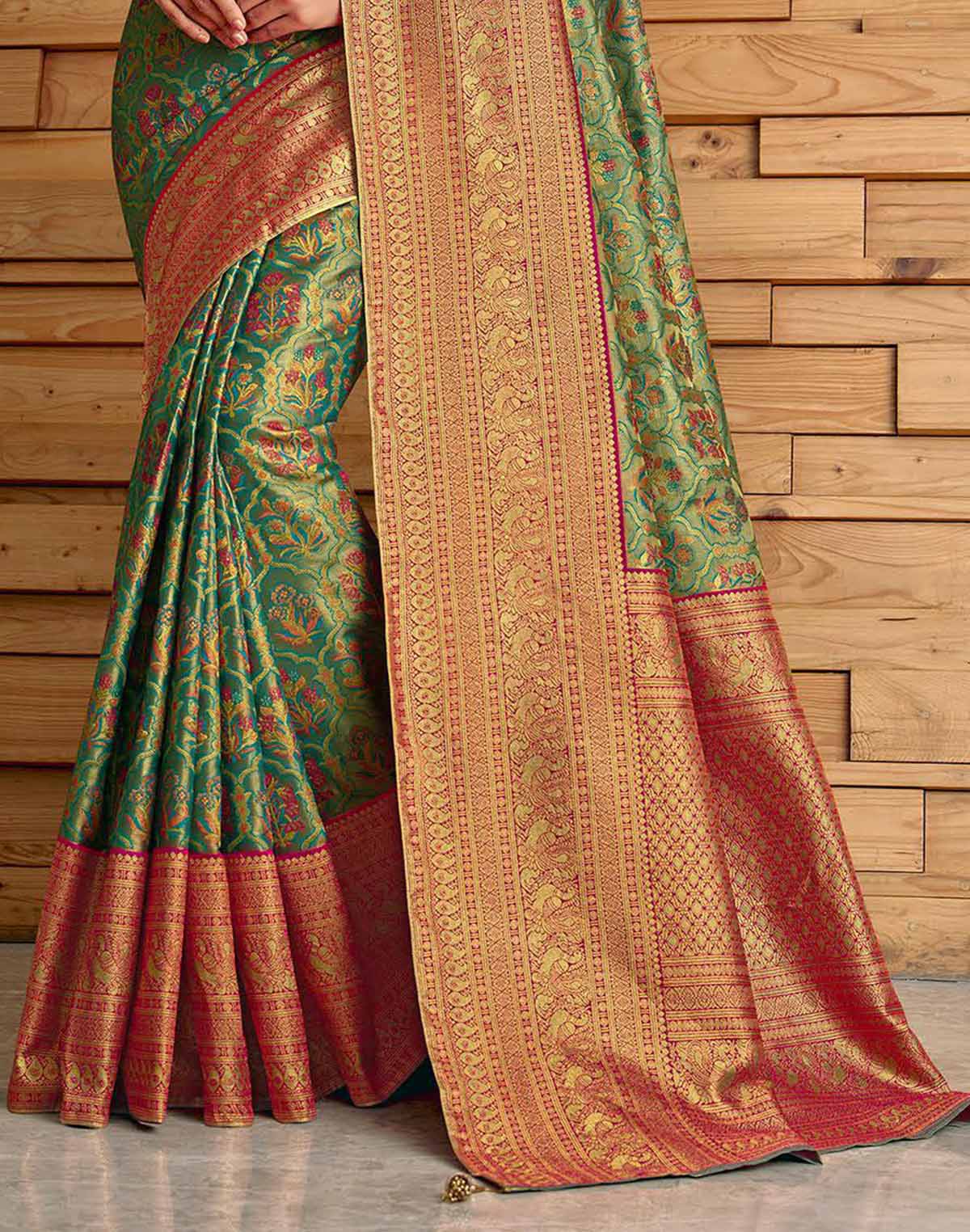 Green Floral Meena work Padiya Banaras Tissue Saree