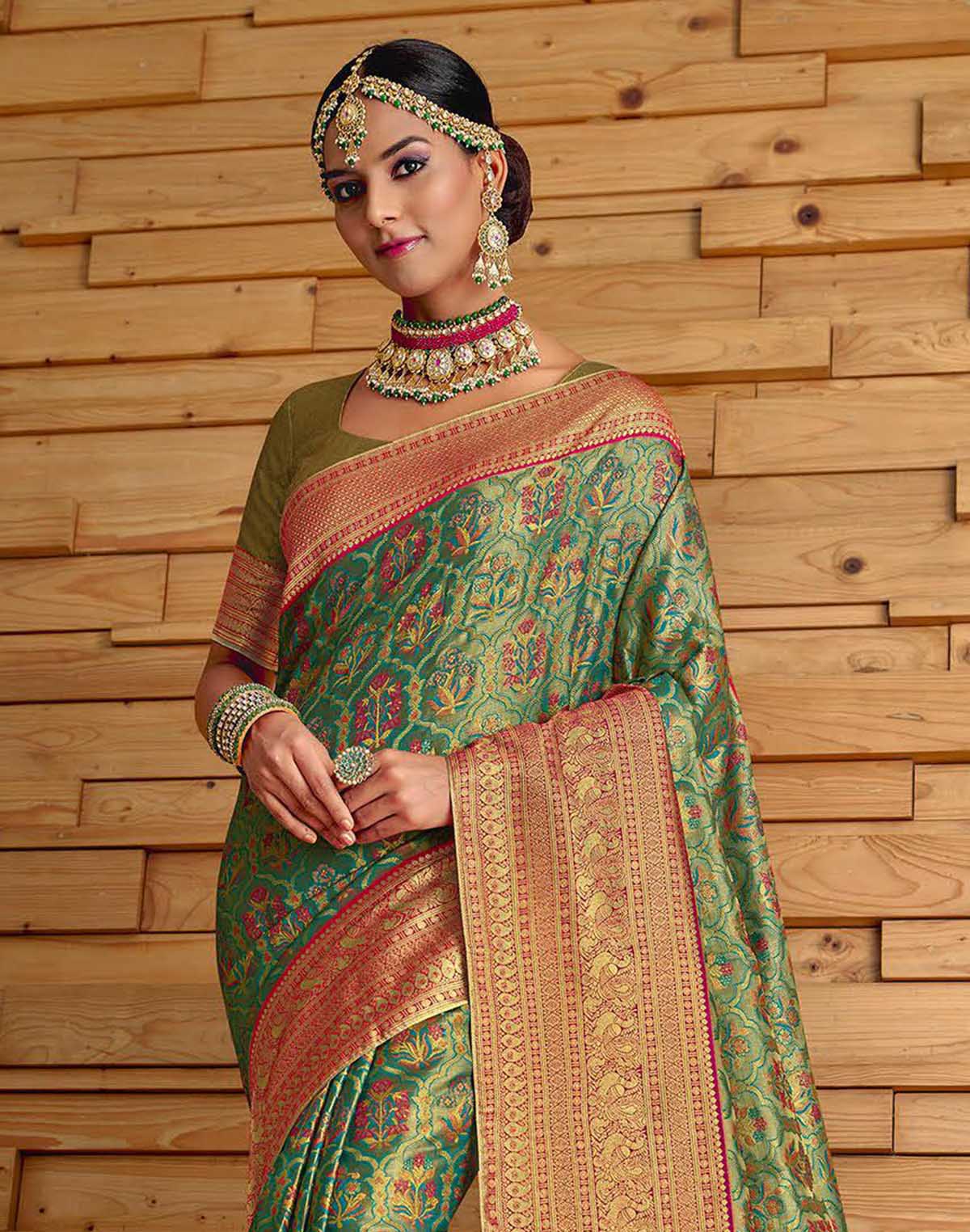 Green Floral Meena work Padiya Banaras Tissue Saree