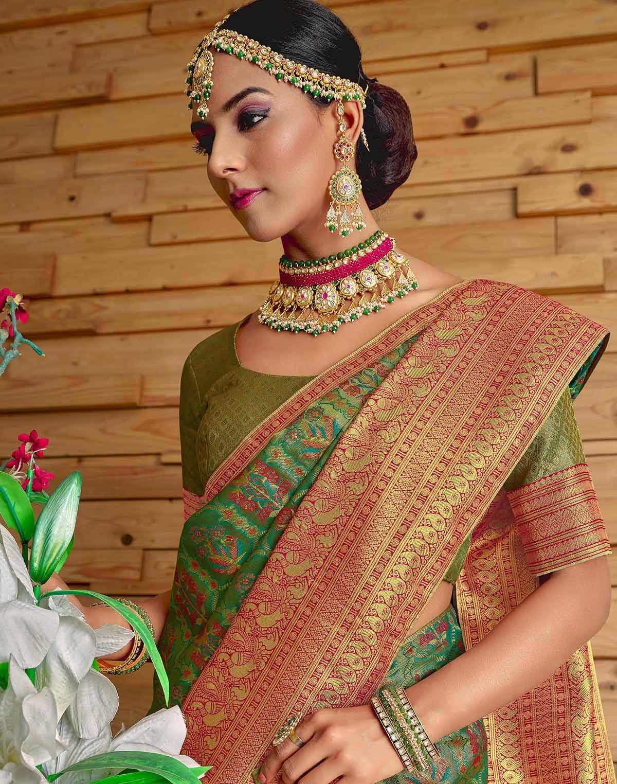 Green Floral Meena work Padiya Banaras Tissue Saree