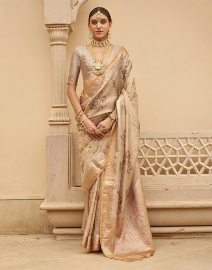 Light Beige Floral Printed Organza Saree