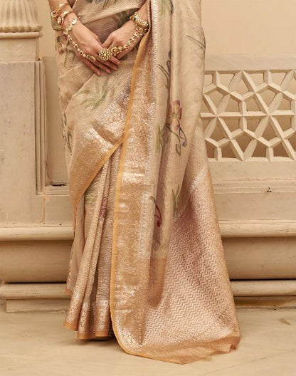 Light Beige Floral Printed Organza Saree