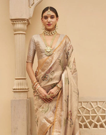 Light Beige Floral Printed Organza Saree