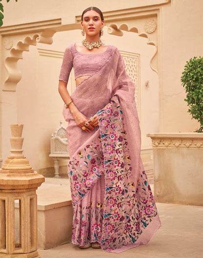 Light Pink Digital Floral Print With Embellished Work Organza Saree