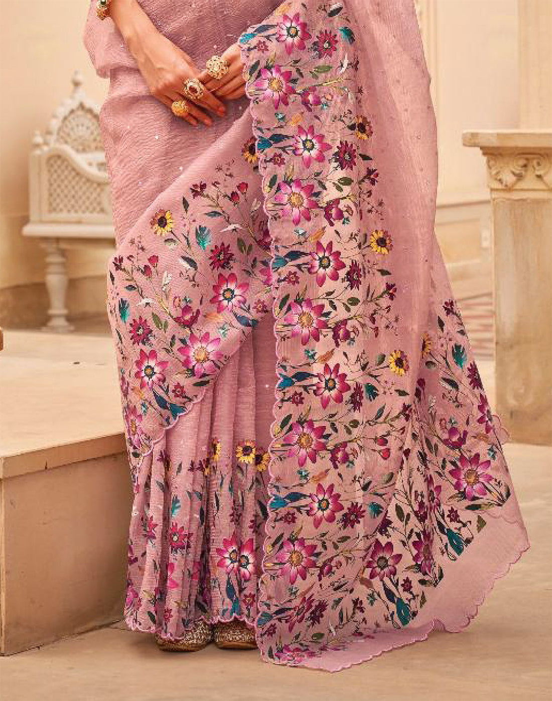 Light Pink Digital Floral Print With Embellished Work Organza Saree