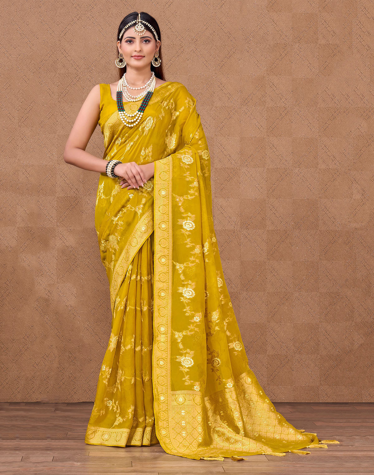 All Over Floral Design Organza Saree in Yellow