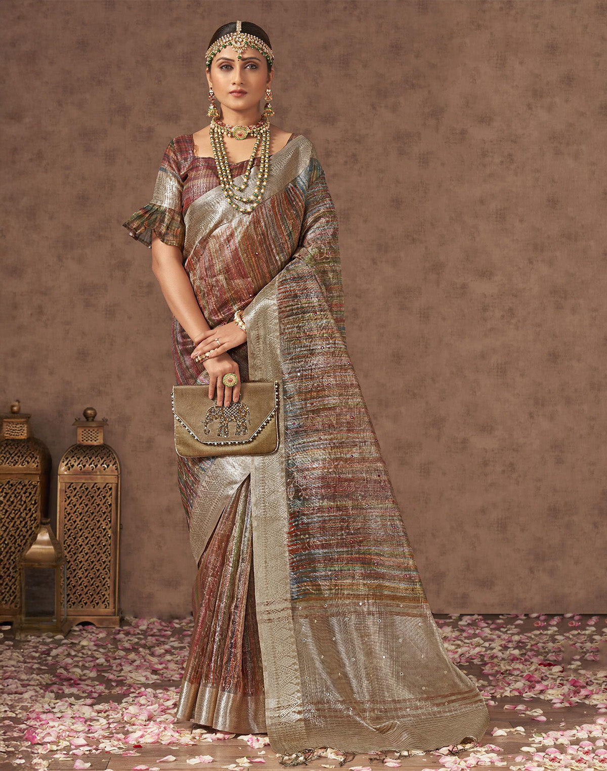 Light Brown Sequence With Mirror Work Organza Saree