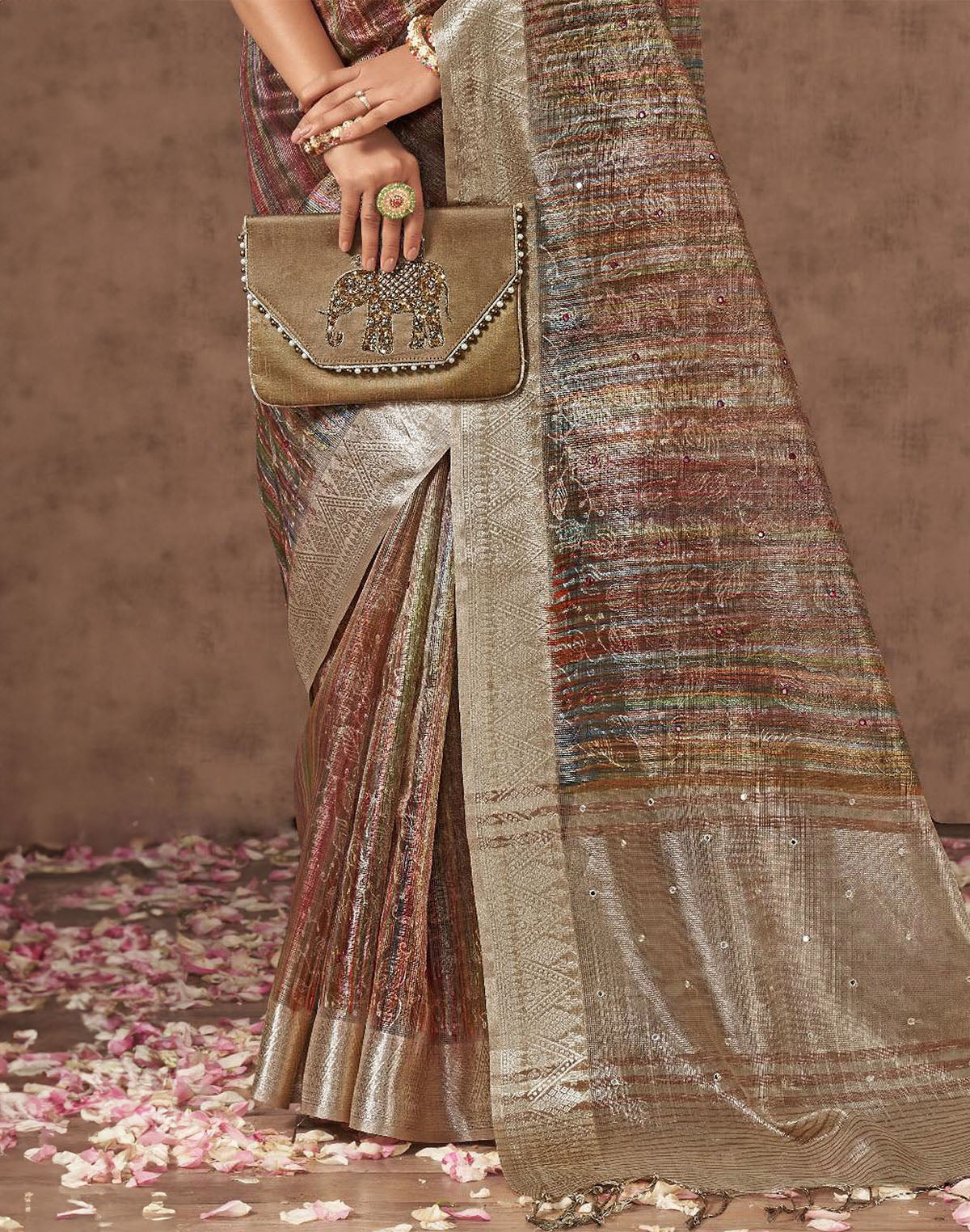 Light Brown Sequence With Mirror Work Organza Saree