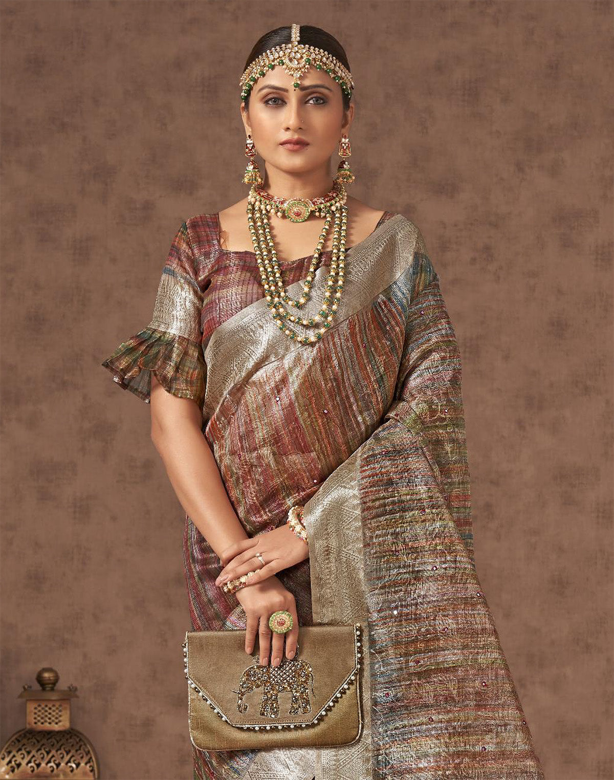 Light Brown Sequence With Mirror Work Organza Saree