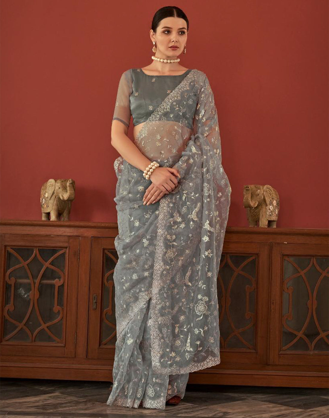 Light Grey Floral Design Embroidery Work Netted Saree With Designer Blouse