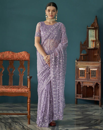 Purple Floral Embroidery and Stones Work Netted Saree With Designer Blouse