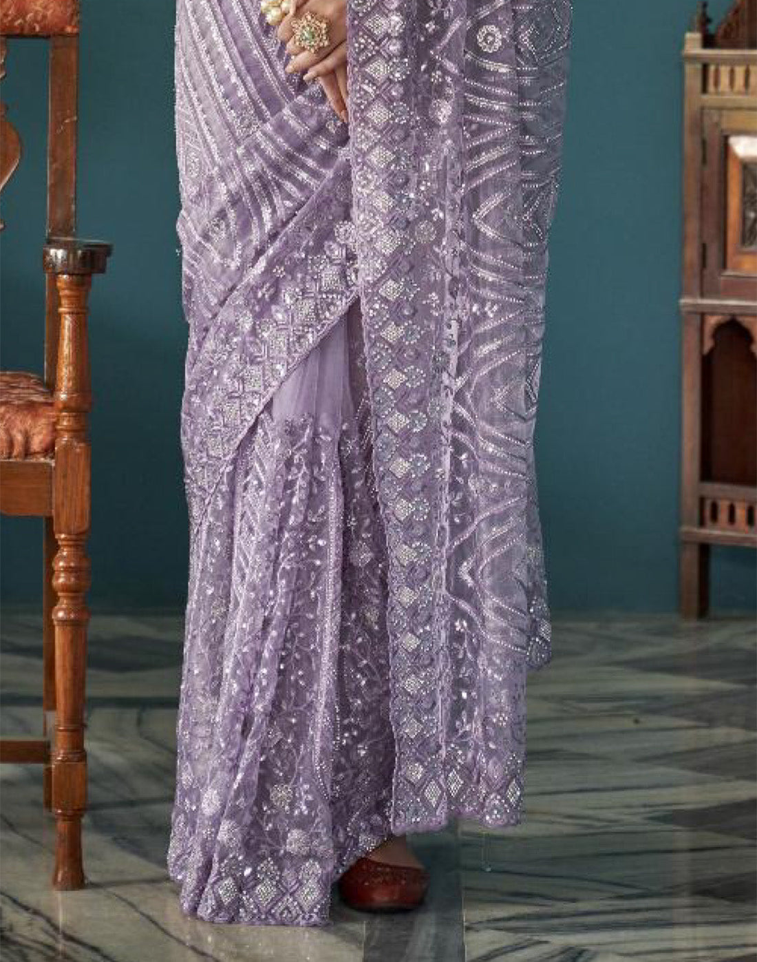 Purple Floral Embroidery and Stones Work Netted Saree With Designer Blouse