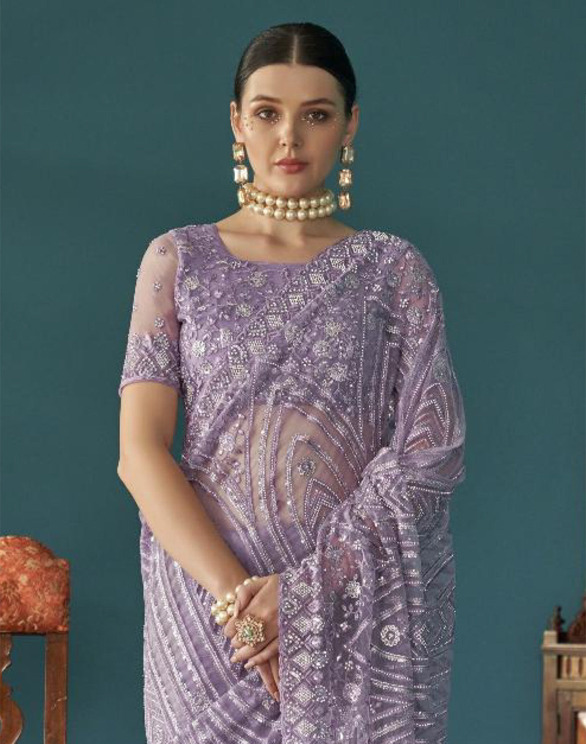 Purple Floral Embroidery and Stones Work Netted Saree With Designer Blouse