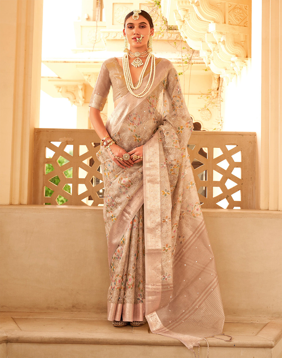 Floral Embroidery Work Organza Saree in Beige