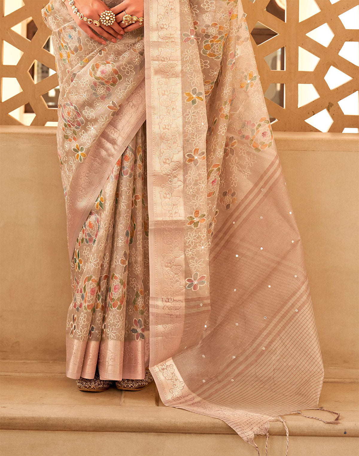 Floral Embroidery Work Organza Saree in Beige