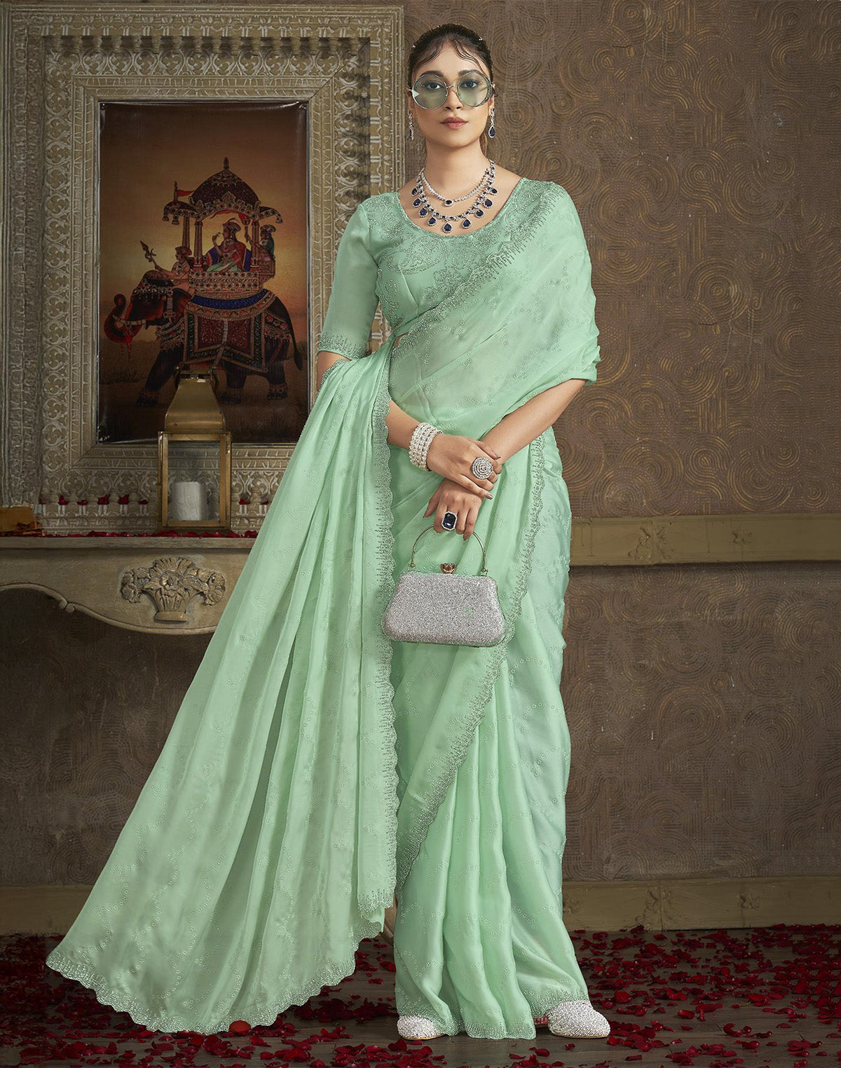 Light Pista Green Self Floral Design Satin Saree With Designer Blouse