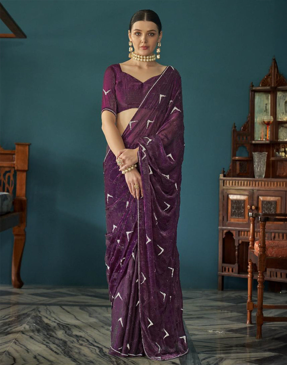 Wine Coloured Georgette Party Wear Saree