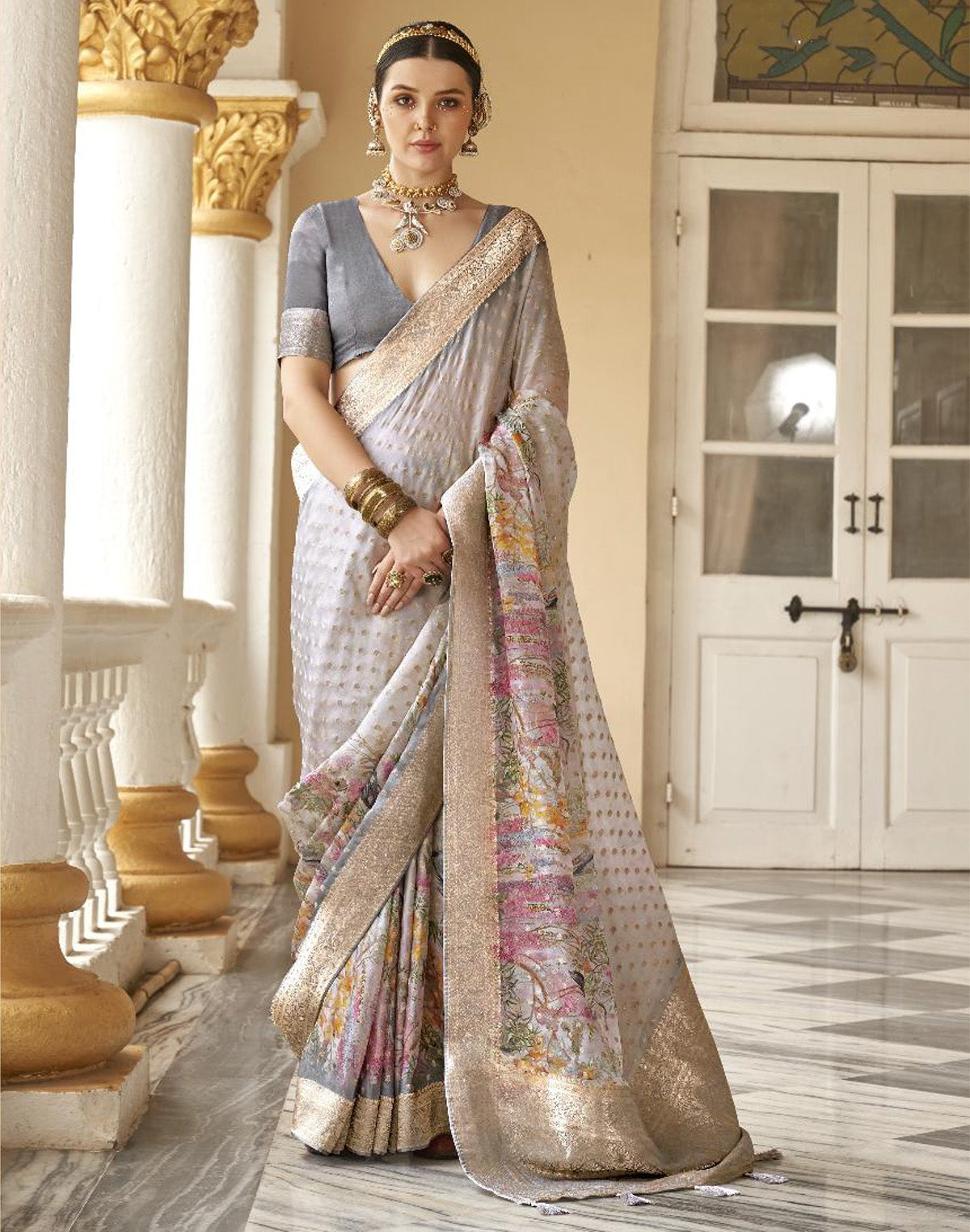 Light Grey Soft Georgette Floral Party Wear Saree