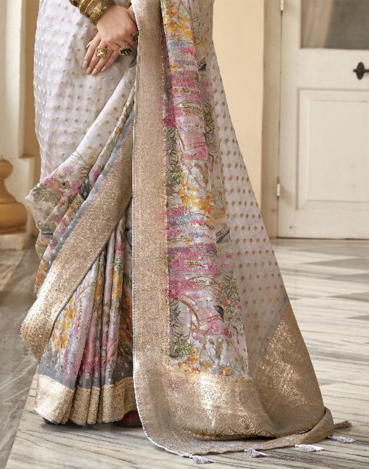 Light Grey Soft Georgette Floral Party Wear Saree