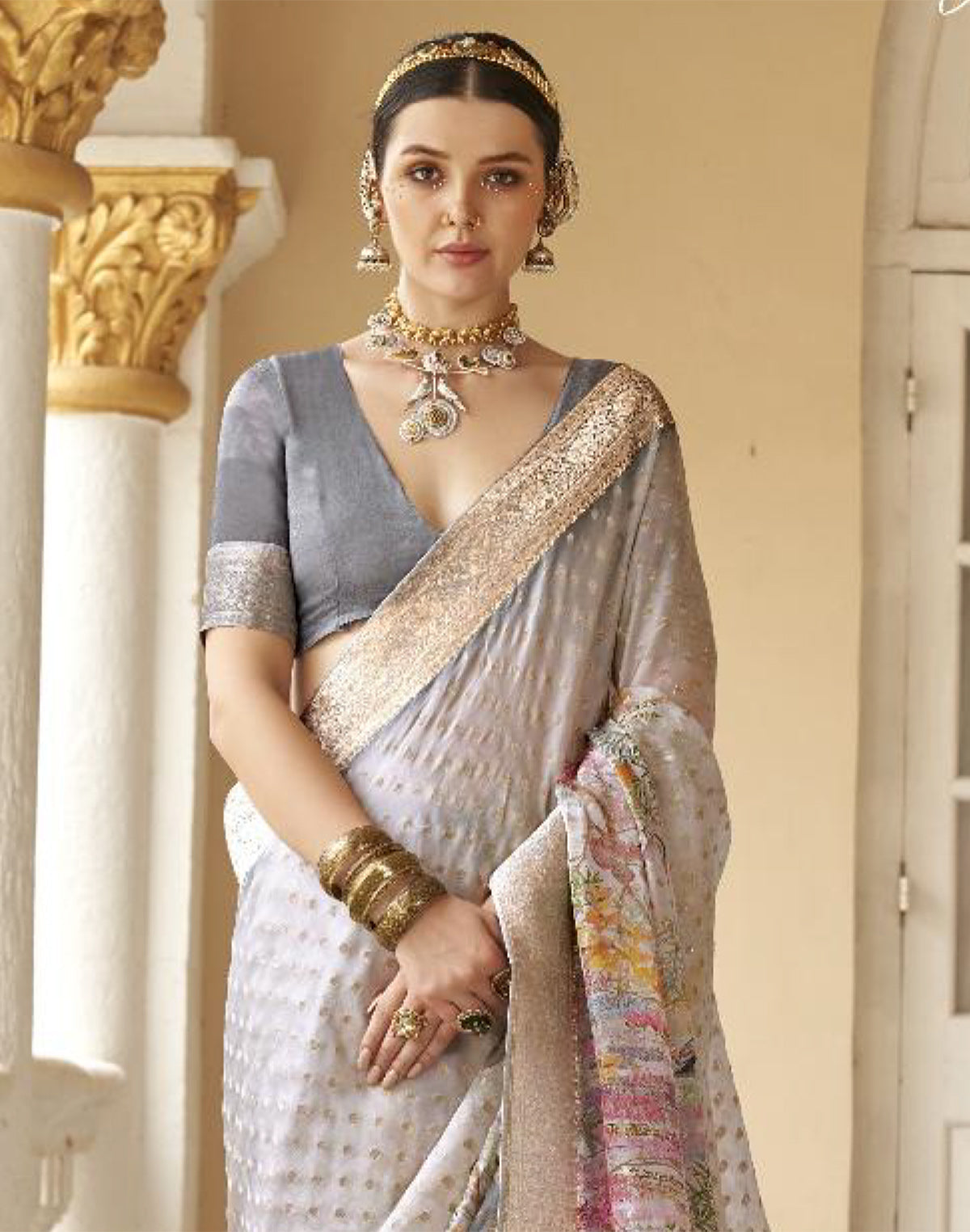 Light Grey Soft Georgette Floral Party Wear Saree