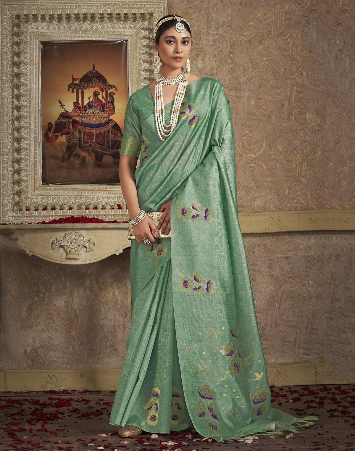 Floral Printed Soft Silk Fancy Saree in Light Green