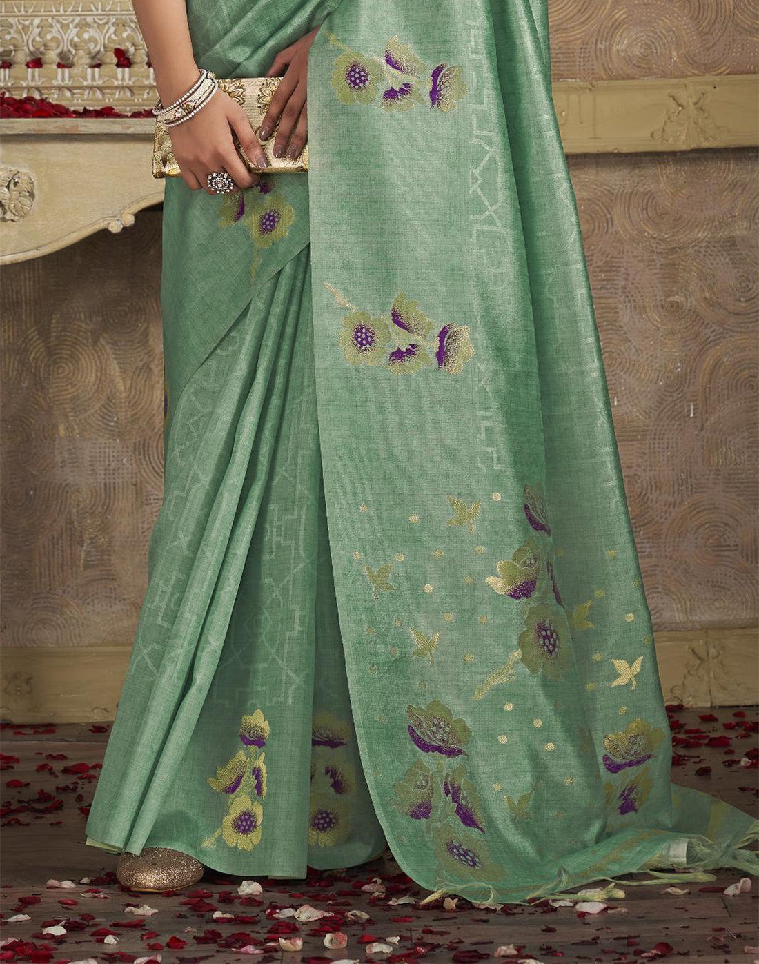 Floral Printed Soft Silk Fancy Saree in Light Green