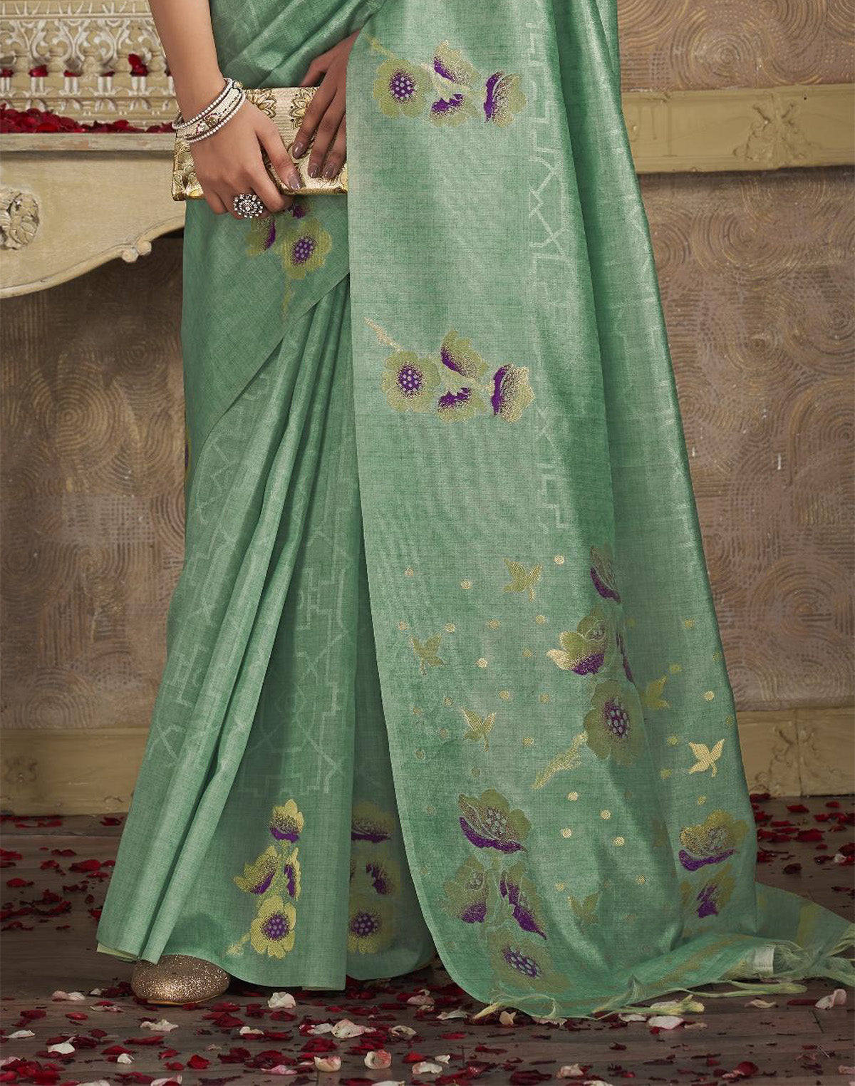 Floral Printed Soft Silk Fancy Saree in Light Green